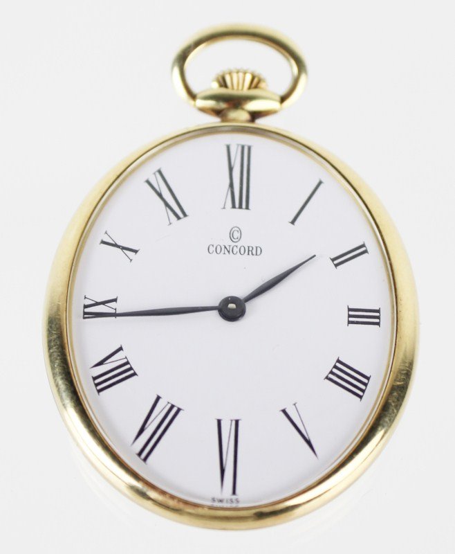 CONCORD 14K OPEN FACE PENDANT POCKET WATCH: CONCORD 14K OPEN FACE PENDANT POCKET WATCH 40mm Concord open face 14k pocket watch with white face, Roman numeral hour markers, and tapered hands. Pendant style. Oval in shape. Size: 40mm, Weight: 30.