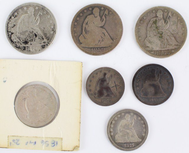 8 US SEATED LIBERTY COINS HALVES AND QUARTERS: 8 US SEATED LIBERTY COINS HALVES AND QUARTERS Late 19th century US seated liberty half dollar and quarter. Half dollars include; 1855-O with arrows, 58-O, 64. Quarters include 1841, 56, 75, 75-S. Size