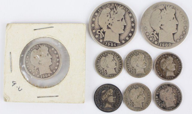 US BARBER LOT OF 9 HALF QUARTER AND DIMES: US BARBER LOT OF 9 HALF QUARTER AND DIMES Grouping of early 20th century Barber coins. 1904 & 1900 half dollar, 1900 quarter, and 6 dimes; 1892, 98, 1907, 08, 14, 16. Size: N/A, Est. 40-60, Lot: 32383