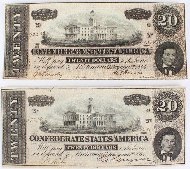 TWO CONFEDERATE TWENTY DOLLAR BILLS RICHMOND 1864: TWO CONFEDERATE TWENTY DOLLAR BILLS RICHMOND 1864 Two twenty dollar bills from the Confederate States of America. Both bills from Richmond, February 17th 1864. #52819 & #95562. Size: N/A, Est. 80-100,