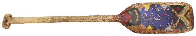NORTH WEST INDIAN PAINTED CANOE PADDLE: NORTH WEST INDIAN PAINTED CANOE PADDLE A carved wood canoe paddle, painted decoration. A note attached to the rear reads "Haidi, N/W Indian 1875-1900, Hand carved, old paint". Size: N/A, Est. 100-200,