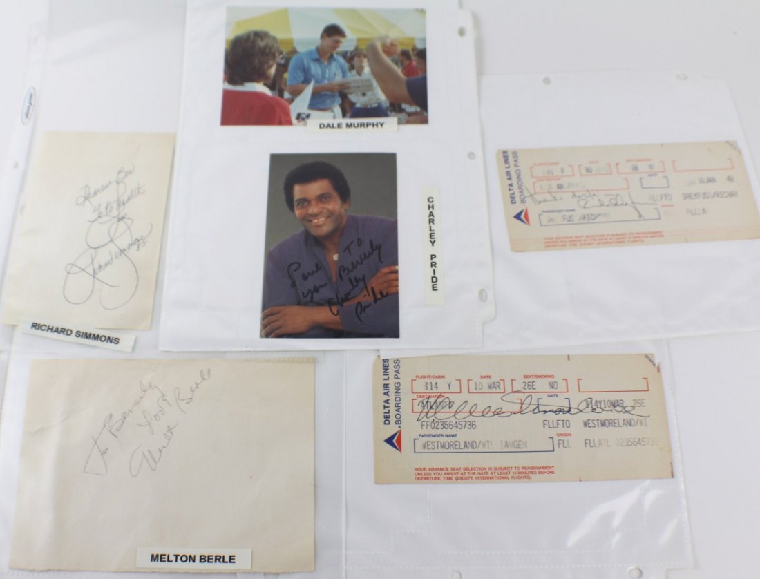 AUTOGRAPHS - MILTON BERLE, RICHARD SIMMONS, OTHERS: AUTOGRAPHS - MILTON BERLE, RICHARD SIMMONS, OTHERS Lot of Autographs to include; Milton Berle, Richard Simmons, Charlie Pride, Connie Stevens, signed airline tickets from; General William Westmoreland