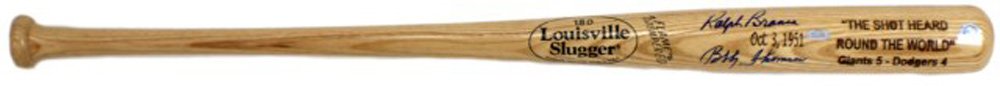 RALPH BRANCA BOBBY THOMPSON AUTOGRAPHED BAT: RALPH BRANCA BOBBY THOMPSON AUTOGRAPHED BAT Ralph Branca and Bobby Thompson Autographed Louisville Slugger Bat Commemorating "The Shot Heard Around the World". Bat measures 37" with display tube and i