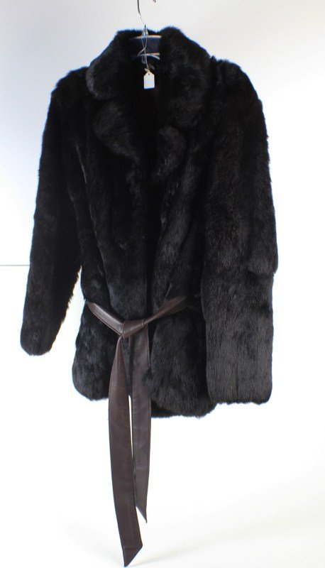 LADIES RABBIT FUR COAT WITH LEATHER BELT: LADIES RABBIT FUR COAT WITH LEATHER BELT Size small, rabbit jacket, made in Korea, comes with brown leather belt. Size: small, Est. 75-125, Lot: 32470