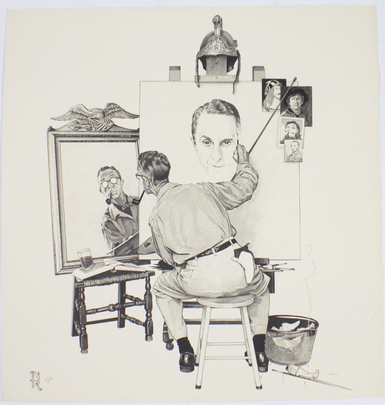 NORMAN ROCKWELL SELF PORTRAIT ARTISTS PROOF: NORMAN ROCKWELL SELF PORTRAIT ARTISTS PROOF Norman Rockwell (American, 1894-1978). Self portrait of the artist, black and white litho, Saturday Evening Post cover 2/13/60, hallmark on paper "Eleanor E