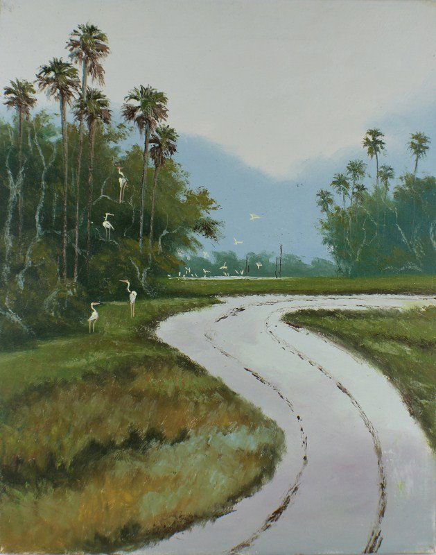 WILLIE DANIELS - FLORIDA HIGHWAYMEN LANDSCAPE PAINTING: WILLIE DANIELS - FLORIDA HIGHWAYMEN LANDSCAPE PAINTING Willie Daniels (American, b.1953). Florida landscape by Highwaymen artist Willie Daniels. Not framed. Road in wetland area with egrets and palm t