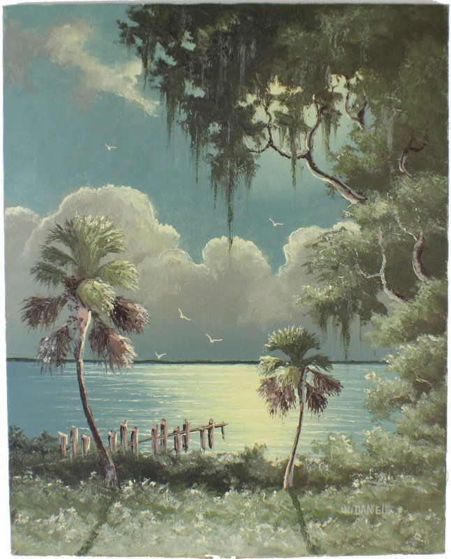 WILLIE DANIELS - FLORIDA HIGHWAYMEN LANDSCAPE PAINTING: WILLIE DANIELS - FLORIDA HIGHWAYMEN LANDSCAPE PAINTING Willie Daniels (American, b.1953). Florida landscape by Highwaymen artist Willie Daniels. Not framed. Night scene with dock and palm and live oak