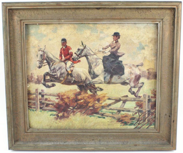 MORITZ VEIT HORSE JUMPERS 1944 OIL ON CANVAS: MORITZ VEIT HORSE JUMPERS 1944 OIL ON CANVAS Moritz Veit (German,1867-??) Oil on canvas. Image features two equestrian jumpers. Signature and date, bottom right. Framed in wooden frame. Some paint los