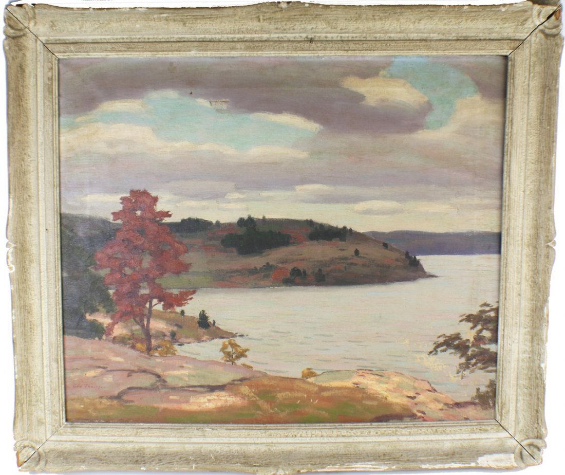 GEORGE THOMPSON - "OCTOBER" - CANADIAN SCHOOL OIL: GEORGE THOMPSON - "OCTOBER" - CANADIAN SCHOOL OIL George A Thomson (Canadian, 1868-1965). Oil on canvas, river landscape with purples in the sky. Framed in off white wooden frame, some paint and gesso