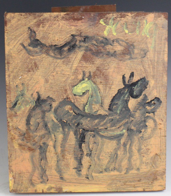 PURVIS YOUNG OUTSIDER ARTIST ORIGINAL OIL ON BOARD: PURVIS YOUNG OUTSIDER ARTIST ORIGINAL OIL ON BOARD Purvis Young (American, 1943-2010), oil on board. Miami outsider artist Purvis Young is featured in the Rubell Family Collection in Miami as well as 