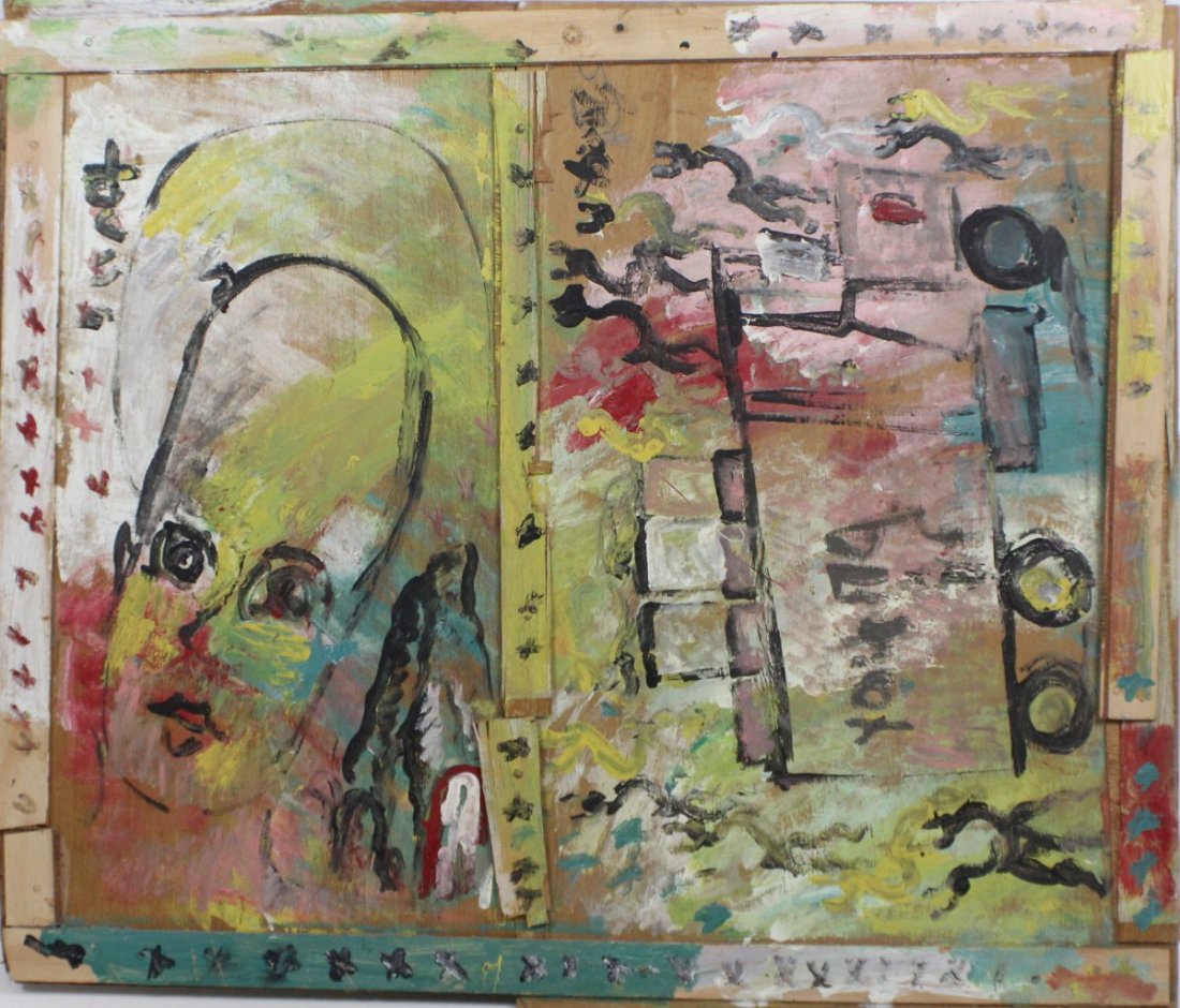 PURVIS YOUNG OUTSIDER ARTIST ORIGINAL OIL ON BOARD: PURVIS YOUNG OUTSIDER ARTIST ORIGINAL OIL ON BOARD Purvis Young (American, 1943-2010), oil on board. Miami outsider artist Purvis Young is featured in the Rubell Family Collection in Miami as well as 