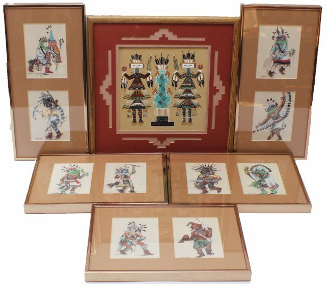 LOT OF 6 FRAMED KACHINA DOLL ART PIECES: LOT OF 6 FRAMED KACHINA DOLL ART PIECES Lot includes 5 framed drawings of various Kachina doll figures all signed "Bourdo 87" and a framed sand art Kachina doll piece. Est. $ 30-60 Lot 31125