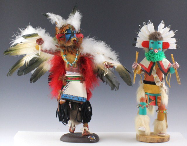 LOT OF TWO LARGE HOPI KACHINA DANCING DOLLS SIGNED: LOT OF TWO LARGE HOPI KACHINA DANCING DOLLS SIGNED A lot of two well made Hopi Kachina dancing dolls, Eagle and Morning Singer Kachinas. Signed to base Johnny Burgess and Rose Lameman. Decorated out i