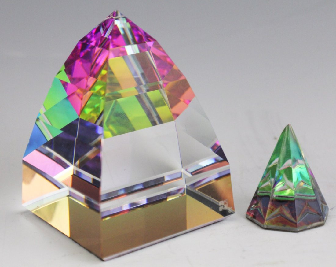 SWAROVSKI PYRAMID WITH BOX #7450: SWAROVSKI PYRAMID WITH BOX #7450 Glass Swarovski pyramid #7450, comes with box (some deterioration to foam). Pyramid has two small chips along the right side. Also included is small crystal pyramid wi