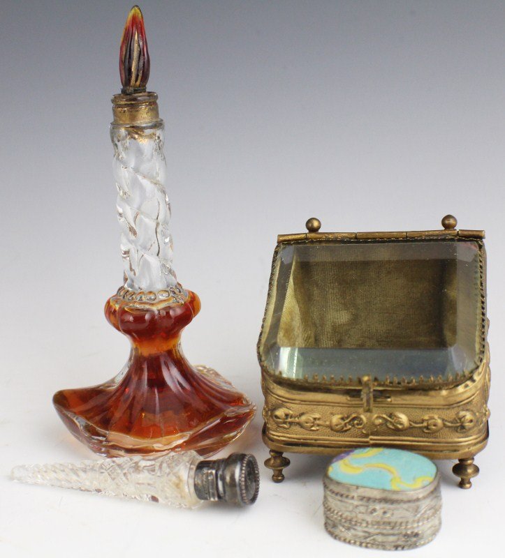 PERFUME BOTTLES DRESSER & PILL BOX BACCARAT: PERFUME BOTTLES DRESSER & PILL BOX BACCARAT Crystal Baccarat perfume bottle, "Sleeping" by Schiaparelli, 1938, 6.5". Pressed glass perfume holder with sterling top engraved "Grace", 3.5". Vintage meta