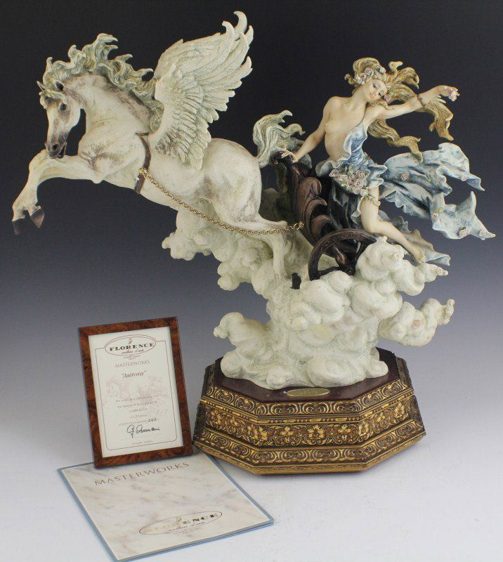 ARMANI MASTERWORKS LIMITED EDITION AURORA 680C: ARMANI MASTERWORKS LIMITED EDITION AURORA 680C Giuseppe Armani porcelain figurine, Aurora, limited edition. Marked with the Capodimonte "N" Crown Pottery Mark. Comes with framed COA, which fits in bas