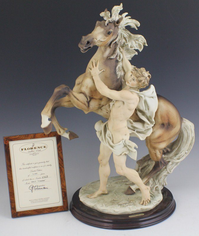 ARMANI PORCELAIN FIGURE FREEDOM MAN & HORSE 906C: ARMANI PORCELAIN FIGURE FREEDOM MAN & HORSE 906C Giuseppe Armani porcelain figurine, Freedom, limited edition. Marked with the Capodimonte "N" Crown Pottery Mark. Comes with framed COA. #1369/3000. Ma