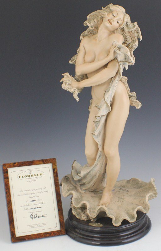 ARMANI LIMITED ED CAPODIMONTE PEARL 1019T: ARMANI LIMITED ED CAPODIMONTE PEARL 1019T Limited Edition Guiseppe Armani Capodimonte porcelain figure, Pearl. Comes with framed COA, 217/1000. Marked with Capodimonte "N" Crown Pottery Mark, signed b
