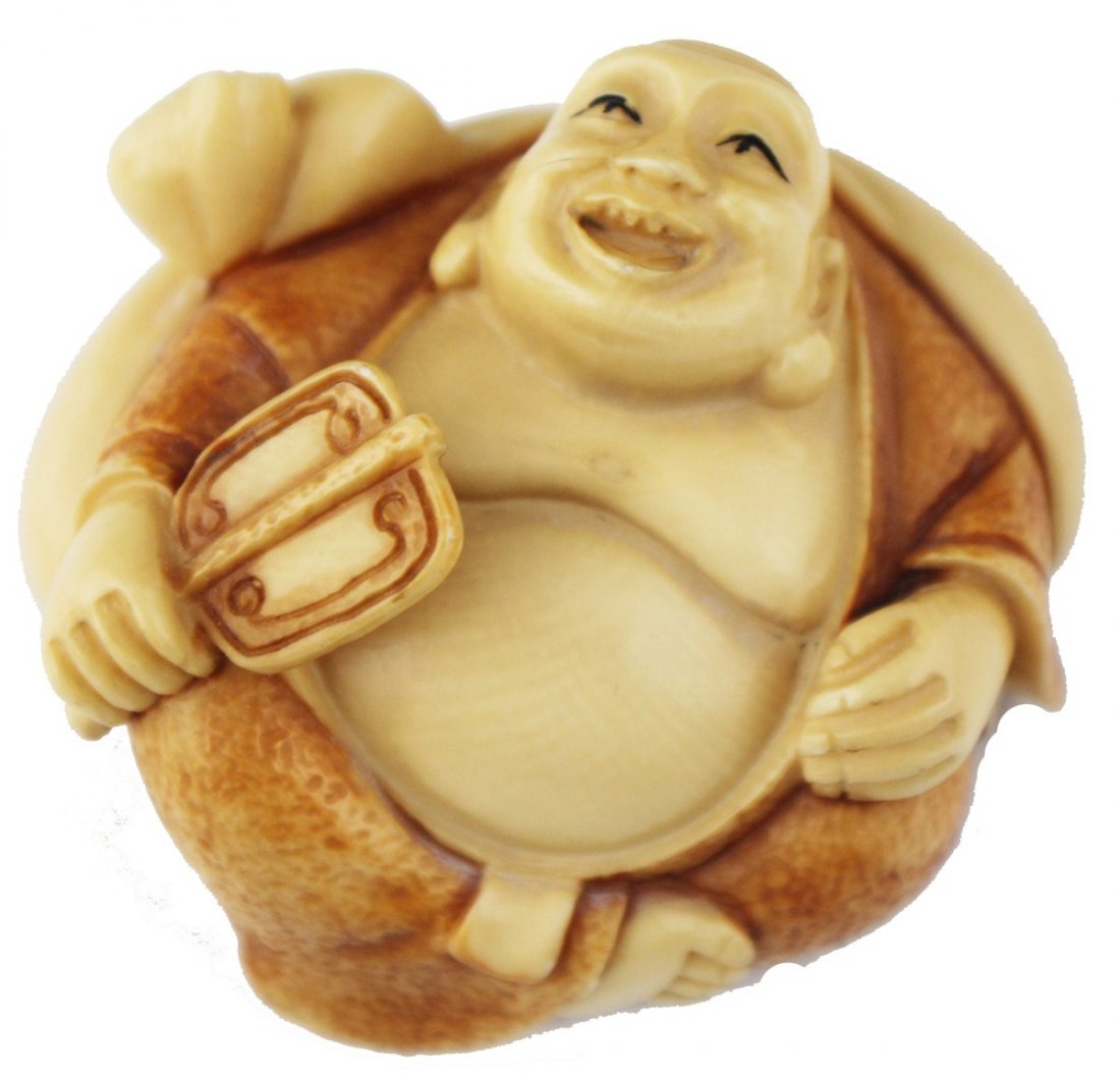 JAPANESE CARVED IVORY NETSUKE HOTEI FIGURE SIGNED: JAPANESE CARVED IVORY NETSUKE HOTEI FIGURE SIGNED A very well executed figural netsuke representing Hotei, one of the seven lucky deities. Polychromed and signed by the artist. Size: Approx 2" Est. $ 