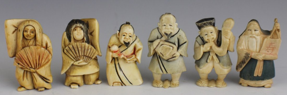 SIX CARVED JAPANESE IVORY NETSUKE FIGURES: SIX CARVED JAPANESE IVORY NETSUKE FIGURES Six Japanese carved ivory netsuke figures, men and women, two with changing faces. Size: 2" each Est. $ 100-300 Lot 31324