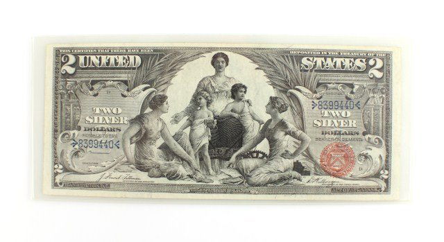 1896-D $2 DOLLAR EDUCATIONAL SILVER CERTIFICATE: 1896-D $2 DOLLAR EDUCATIONAL SILVER CERTIFICATE 1896-D $2 Dollar Educational Silver Certificate. Tillman/Morgan with number 8399440. Bill is crisp with 2 minor creases. Full and complete corners. FR-2