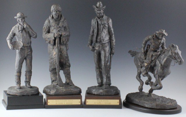 LOT OF COMPOSITE D.R. MONFORT WESTERN SCULPTURES: LOT OF COMPOSITE D.R. MONFORT WESTERN SCULPTURES Lot of four Western cast composite sculptures to include Mountain Man, Vigilante, Pony Rider and Placer Miner figures. All seated on wooden plinths. Si