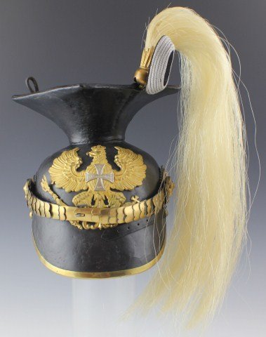 PRUSSIAN OFFICER ULAN TSCHAPKA: PRUSSIAN OFFICER ULAN TSCHAPKA A late Prussian Officer's Ulan Tschapka fit for parade presentation. The motorboard features the "haarbusche" white horsehair plume and an officer's "feldzeichen". The c