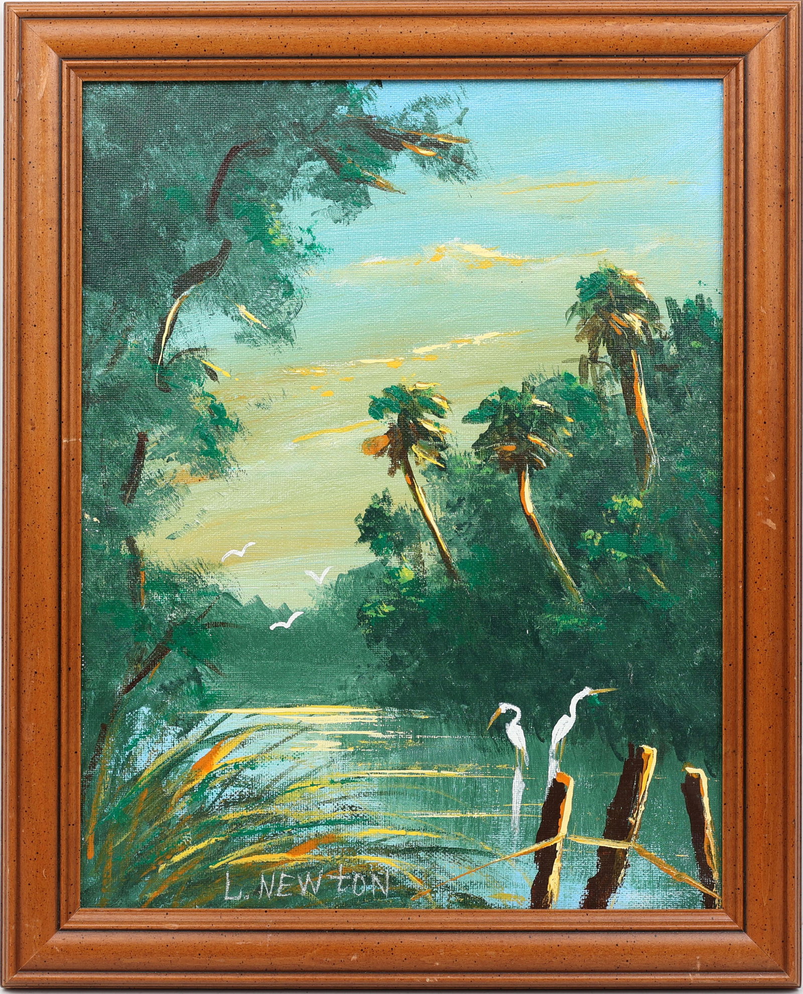 LEMUEL NEWTON FLORIDA HIGHWAYMEN TROPICAL WATERWAY: Newton, Lemuel (1950-2014) Florida Highwaymen Painting. Oil on Canvas Board - signed lower left. Executed in brush. This scene captures the beauty of Florida's undeveloped waterways. The sun's rays re