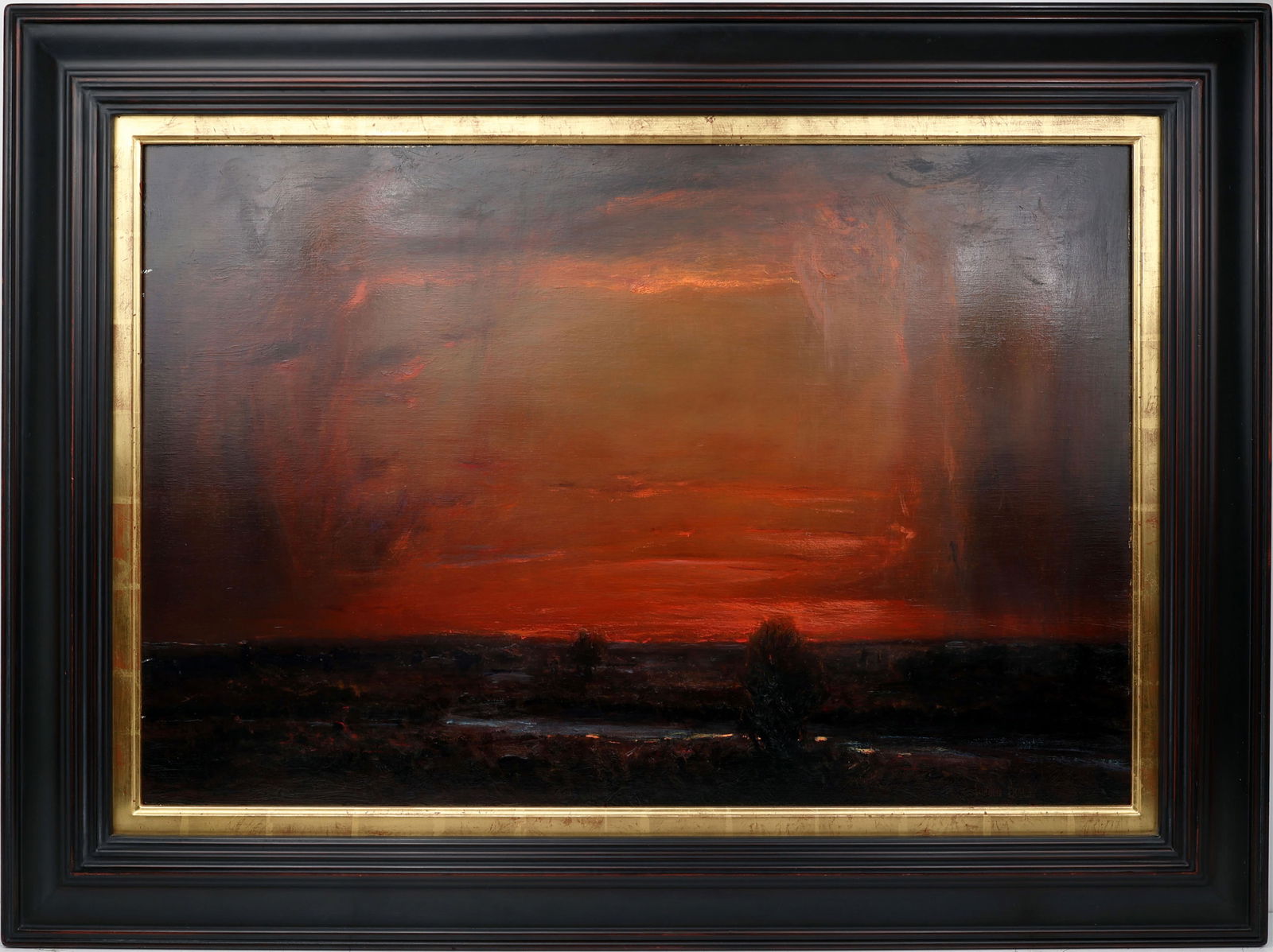 GORDON BROWN RED SUNSET: Brown, Gordon ( American, B. 1962) Painting. Oil on Primed Linen Panel - signed lower right. Executed with brush and palette knife. This painting is dominated by a fiery central expanse of red and ora