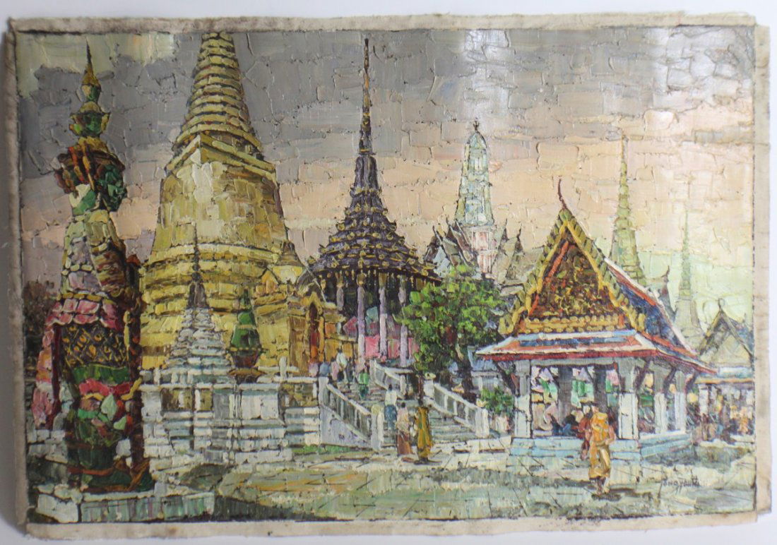 UNKNOWN ARTIST OIL ON CANVAS ASIAN SCENE: UNKNOWN ARTIST OIL ON CANVAS ASIAN SCENE Oil on canvas featuring Asian scene. Painterly technique. Signature bottom right, illegible. Painting has been removed from stretcher. Size: 16 x 23.5" Est. $2