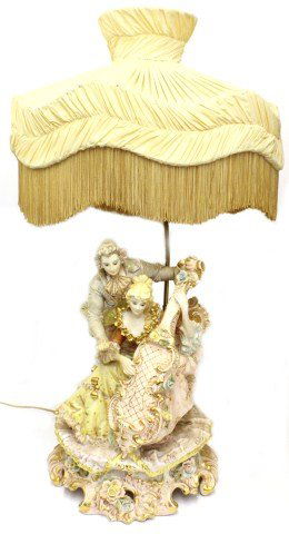 LARGE CAPODIMONTE FIGURAL LAMP OF MUSIC TEACHER: LARGE CAPODIMONTE FIGURAL LAMP OF MUSIC TEACHER Large Capodimonte Lamp. Showing music teacher and student practicing the cello. Has brass fitting with light bulb and large shade. Size: 37 x 14" Est. $