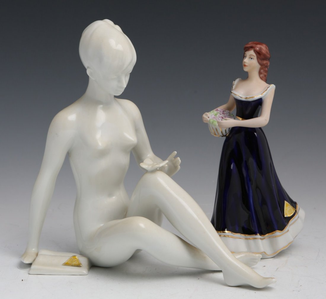 ROYAL DUX BOHEMIA FIGURES: ROYAL DUX BOHEMIA FIGURES Women holding flower basket with the blue Royal Dux Bohemia stamp and the pink triangle. Nude women reading a book with a butterfly, also carries the pink triangle. Size: 6.5