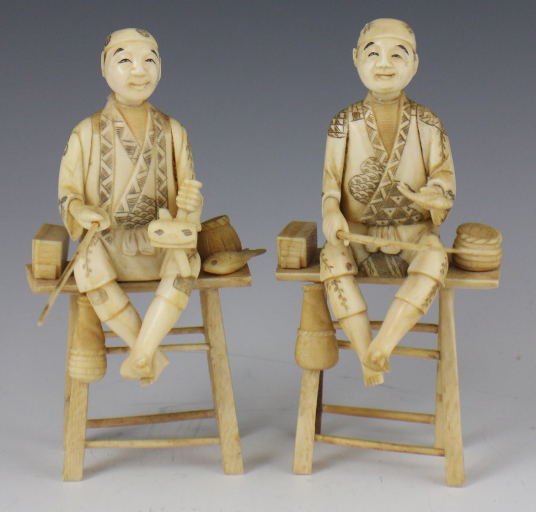 PAIR OF CARVED IVORY FISHING MEN: PAIR OF CARVED IVORY FISHING MEN Pair of Carved Ivory Fishing Men. Men have fishing poles extended while sitting on a bench with fish and equipment. Size: 6.5 x 3.25" Est. $150-300 Lot: 33069