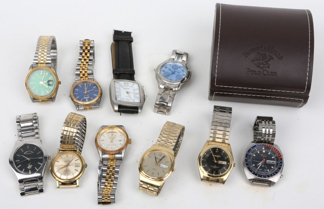 LOT OF 10 MENS WRIST WATCHES BULOVA WALTHAM TERNER: LOT OF 10 MENS WRIST WATCHES BULOVA WALTHAM TERNER Mixed grouping of men's wrists watches featuring Terner, Seiko, Polo Club Bontany, Waltham, Bulova, and more. Est. $40-80 Lot: 33087