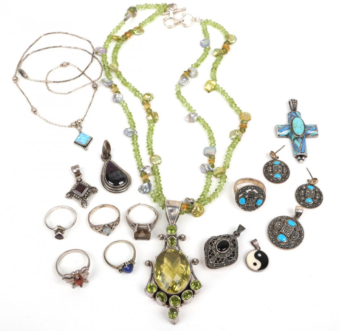 LADIES STERLING SILVER JEWELRY MIXED LOT: LADIES STERLING SILVER JEWELRY MIXED LOT Includes: Matching marcasite and turquoise ring, pendant, and earrings. Turquoise cross pendant. Large necklace with green stones and beads. Marcasite and onyx