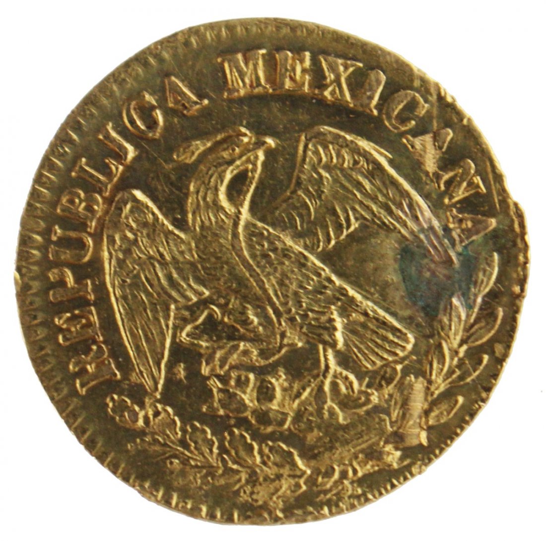 1867 MEXICO 1/2 ESCUDO C. C F GOLD COIN: 1867 MEXICO 1/2 ESCUDO C. C F GOLD COIN 1867 Mexico Republic Hand on Book gold 1/2 Escudo. Est. $100-200 Lot: 33109
