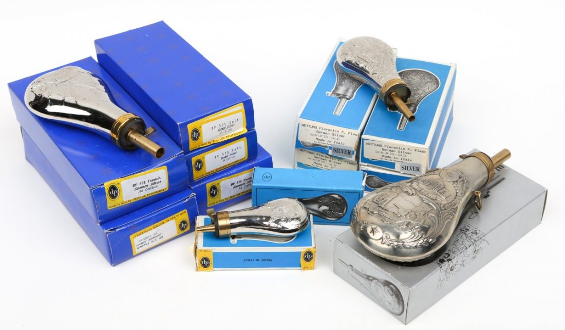 12 REPRODUCTION BLACK POWDER FLASKS: 12 REPRODUCTION BLACK POWDER FLASKS New in box. Six varieties including both pistol and rifle. Manufacturer / Type: mixed powder flasks Size: 4" to 9" Est. $100-200 Lot: 33166