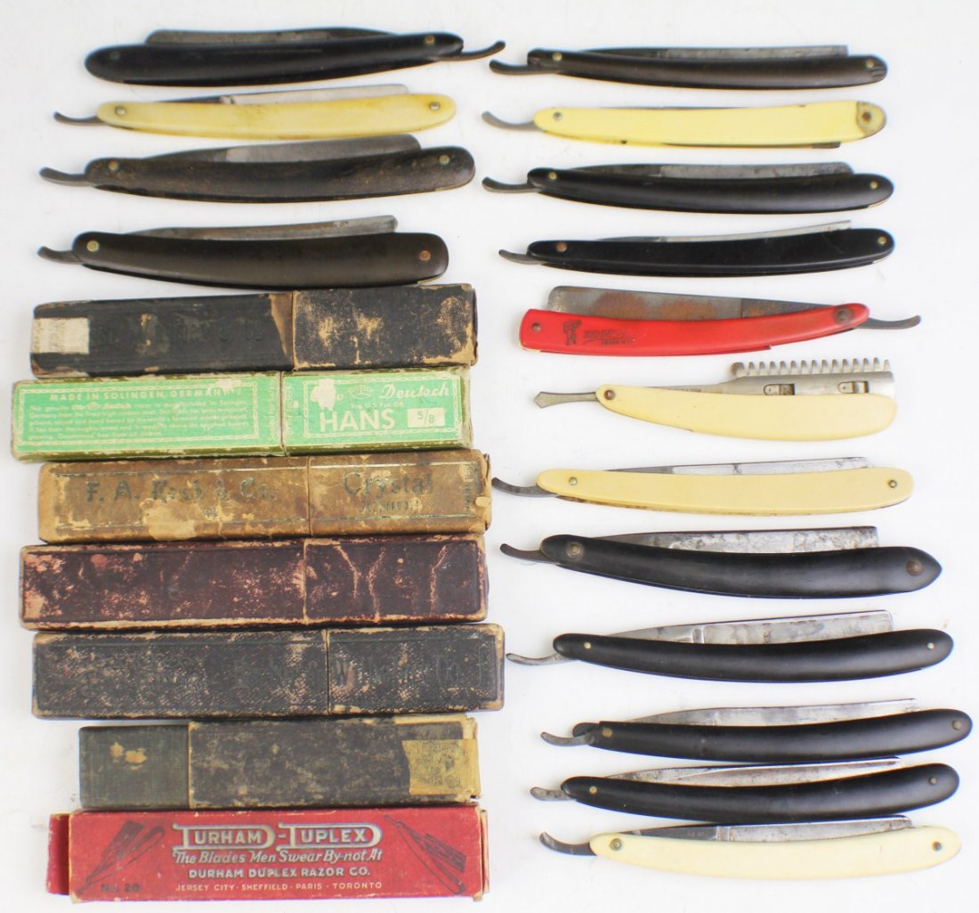 LOT OF 16 STRAIGHT RAZORS AND BOXES: LOT OF 16 STRAIGHT RAZORS AND BOXES Lot of 16 Antique Straight Razors and boxes. Boxes are not the original boxes and are in various conditions. Straight Razor brands to include; Wade & Butcher, Fredr