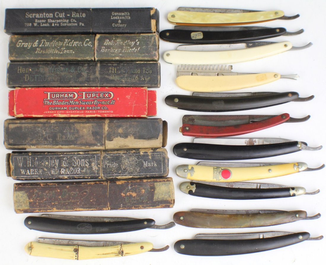 LOT OF 13 STRAIGHT RAZORS AND BOXES: LOT OF 13 STRAIGHT RAZORS AND BOXES Lot of 13 Straight Razors and Boxes, Boxes are not original boxes and are in various conditions. Straight Razors include; Utica Knife and Razor Co., Wester Bros, Jo
