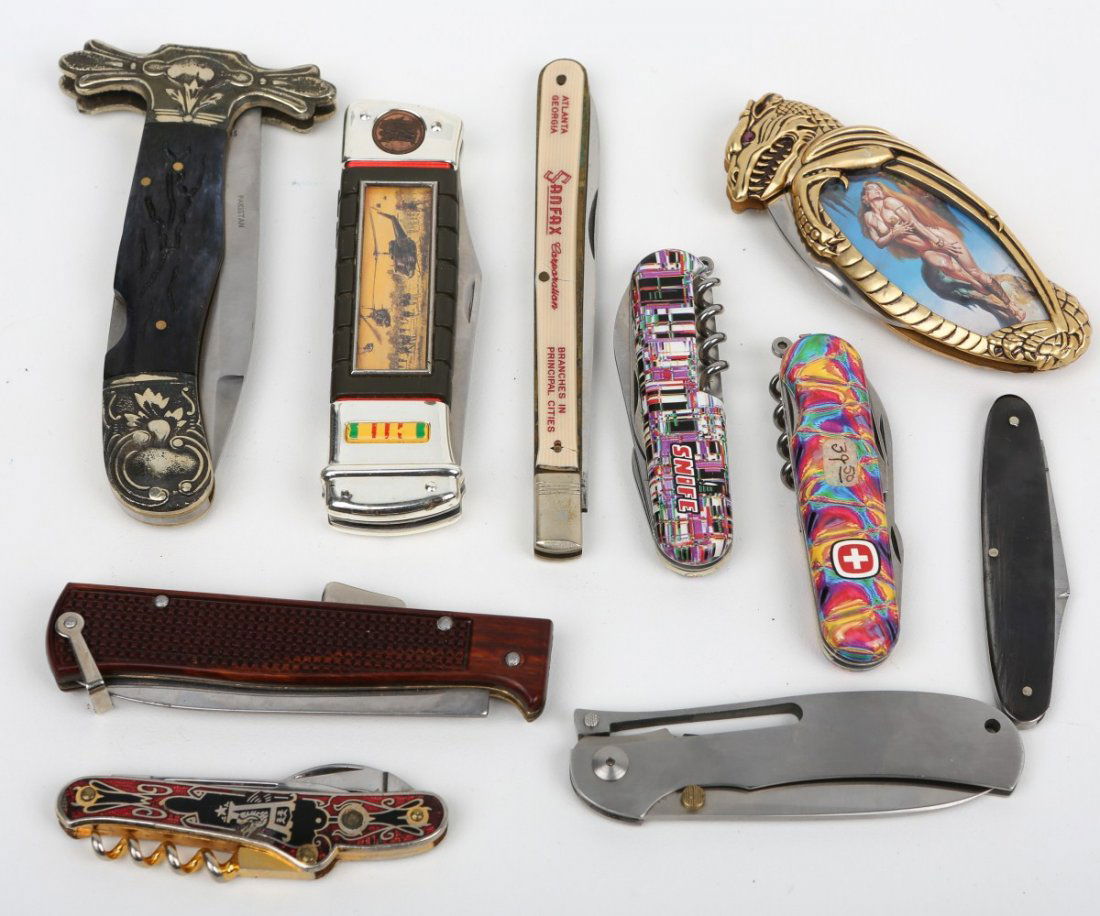 LOT OF 10 POCKET & FOLDING KNIVES: LOT OF 10 POCKET & FOLDING KNIVES Makers to include; Swiss Army Knife, Gercon, AG Russell, Frost Cutlery, Marshall Wells, Mercator Repro, Stanhope Viewer, Franklin Mint. Size: Various Est. $100-300 Lo