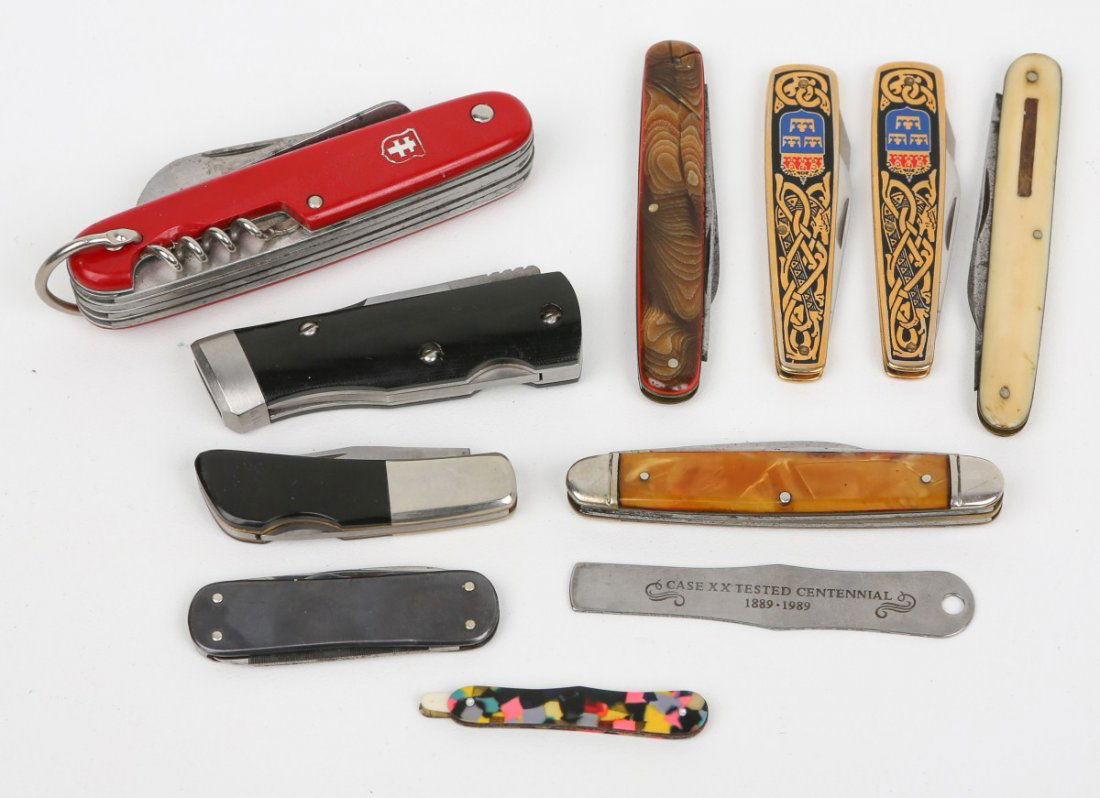 LOT OF 10 POCKET & FOLDING KNIVES: LOT OF 10 POCKET & FOLDING KNIVES Makers to include; Swiss Army, Sheffield, EKA, Suligen, Puma, Hibbard, Spencer & Bartlett, Simmens, Bench Mark, Case Knife Opener, Czech. Size: Various Est. $100-300