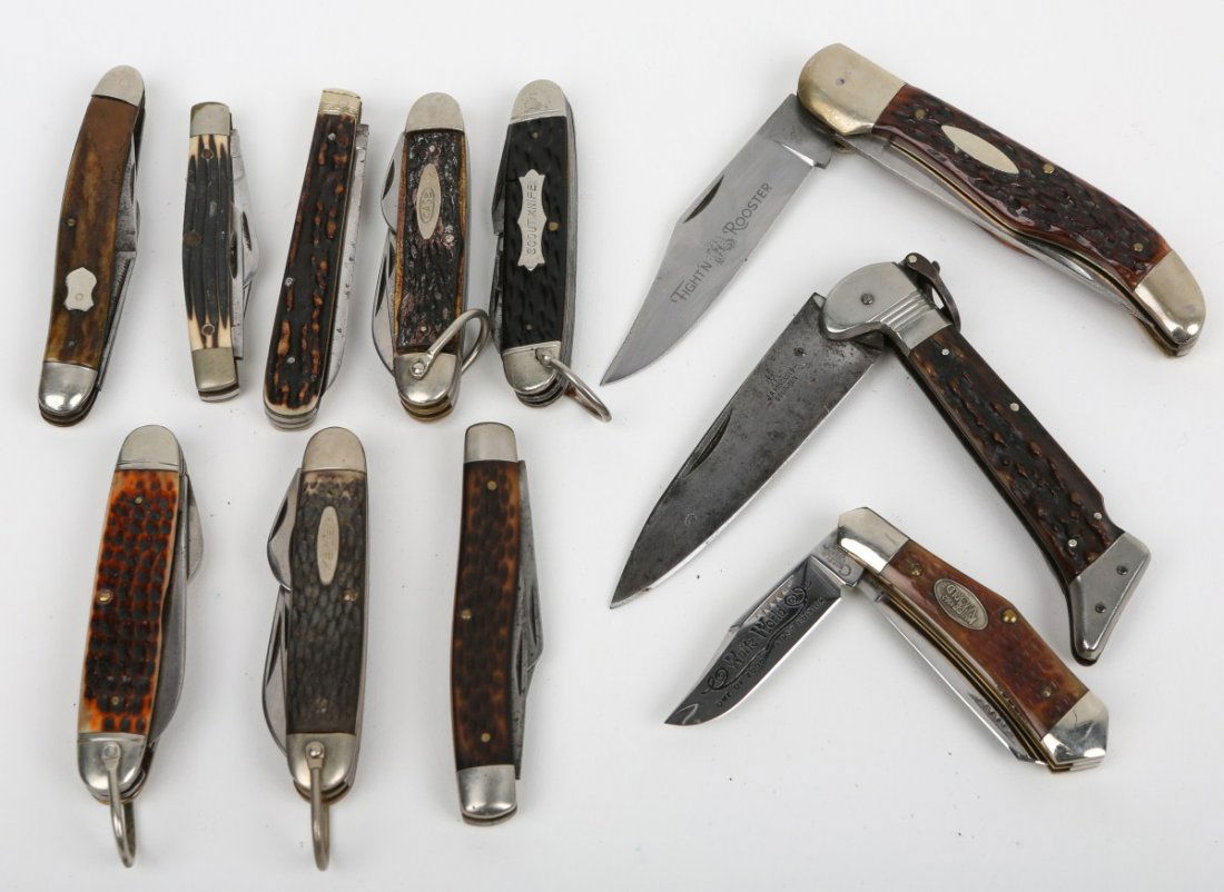 LOT OF 10 VINTAGE POCKET & FOLDING KNIVES: LOT OF 10 VINTAGE POCKET & FOLDING KNIVES Various makers including: Simmons, Henckels, Case, Frank Buster, Queen Steel, Burton, Graef & Schmidt, Knife world, Camillus, Ka-Bar, Schrade. Size: Various E