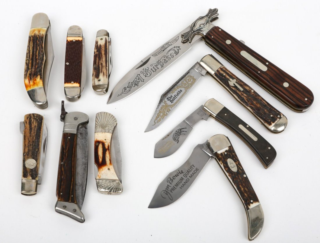 LOT OF 10 POCKET & FOLDING KNIVES: LOT OF 10 POCKET & FOLDING KNIVES Various makers including: Bulldog Brand, Ka-Bar, Parker, Henckels, Boker, Frost, Battle Axe, Jim Bowie, Weidmanns, Queen. Size: Various Est. $100-300 Lot: 33217
