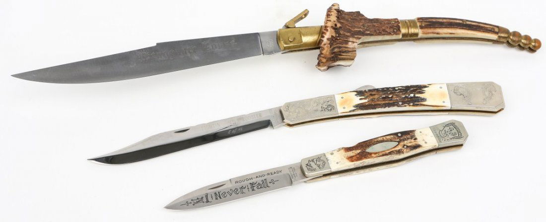 LOT OF 3 STAG HANDLED FOLDING KNIVES: LOT OF 3 STAG HANDLED FOLDING KNIVES Including: Vengeance Corse by Herbertz, Limited edition Fight'n Rooster number 5 of 18 by Frank Buster, Rough and Ready by Parker. Size: 5" to 10" blades Est. $150
