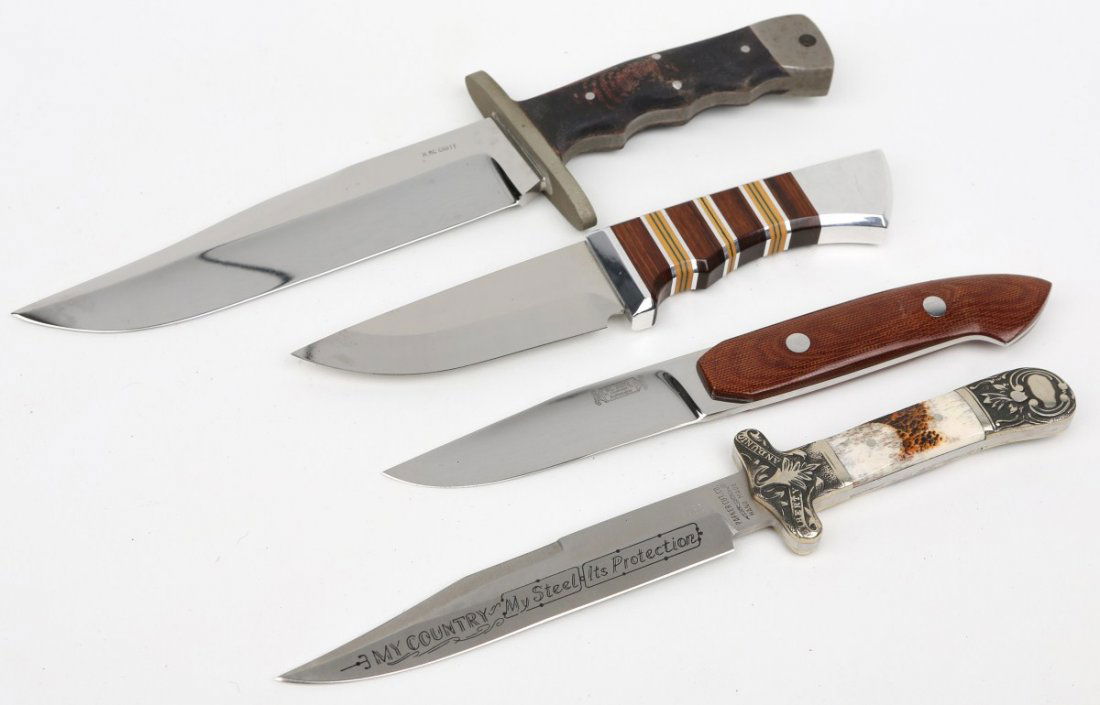 MIXED LOT OF 4 FIXED BLADE KNIVES PARKER DIETZ: MIXED LOT OF 4 FIXED BLADE KNIVES PARKER DIETZ Mixed Lot of 4 Fixed Blade Knives to include; Parker Cut Co. 963 Handmade Early Bowie. Inscribed "Liberty and Union" on ricasso. Knife measures 11" blade