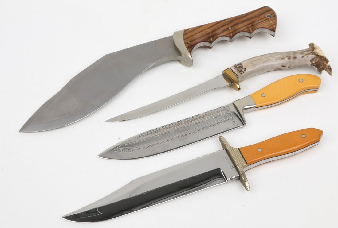 LOT OF 4 FIXED BLADE KNIVES WILSON ATKINSON: LOT OF 4 FIXED BLADE KNIVES WILSON ATKINSON Lot of 4 Fixed Blade Knives to include, Wilson Stag Handle with etching of deer. Trailing point blade with signs of sharpening. Measures 11", blade measures