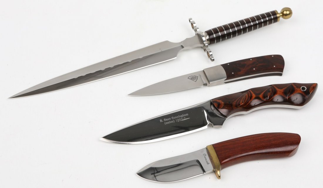 LOT OF 4 FIXED BLADE KNIVES CUNNINGHAM SMITH: LOT OF 4 FIXED BLADE KNIVES CUNNINGHAM SMITH Lot of 4 Fixed Blade Knives to include, R. Dean Cunningham Drop Point Blade with Custom Leather Sheath. Wood Handle measures 10.5", blade measures 4.5". Do