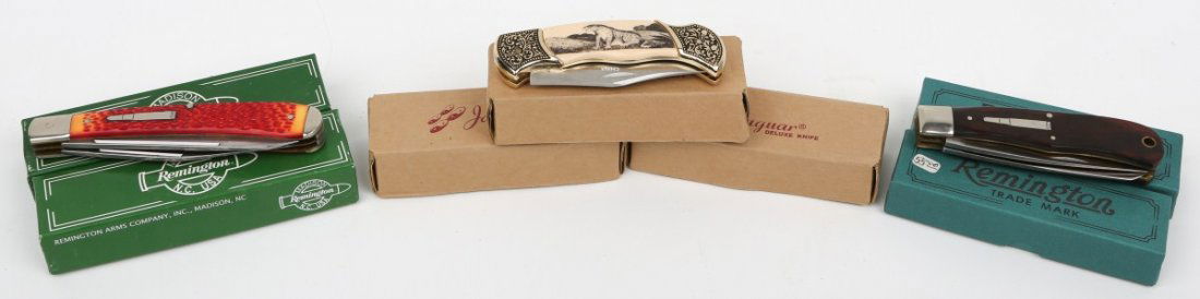 MIXED LOT OF FOLDING KNIVES REMINGTON JAGUAR: MIXED LOT OF FOLDING KNIVES REMINGTON JAGUAR Mixed Lot of folding knives to include; 2 Remington Bullet Trapper R1128 Folding Knives. Early versions with the straight instead of angled pins. Measures