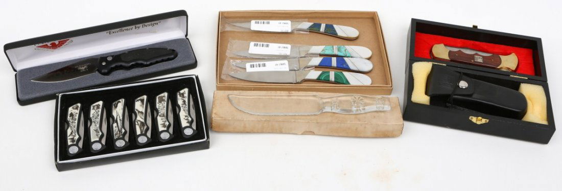 MIXED LOT OF POCKET AND FIXED KNIVES: MIXED LOT OF POCKET AND FIXED KNIVES To include; Set of 6 Wildlife Scrimshaw Collection Folding Knives. Glass Knife no maker mark, stamped "Made in the USA". G-96 Folding Knife Limited Edition, includ