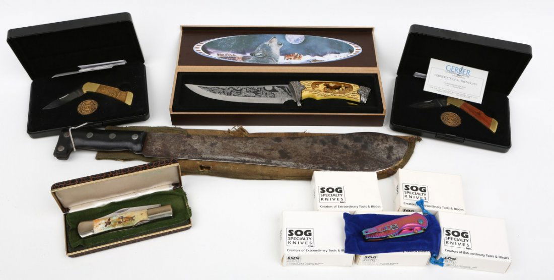 LOT OF MIXED FOLDING AND FIXED KNIVES & MACHETE: LOT OF MIXED FOLDING AND FIXED KNIVES & MACHETE Lot of mixed folding and fixed knives to include; 5 SOG Specialty Knives, Limited Edition, all styles Rainbow Aluminum Flash 1. Frost Cutlery Custom Scr